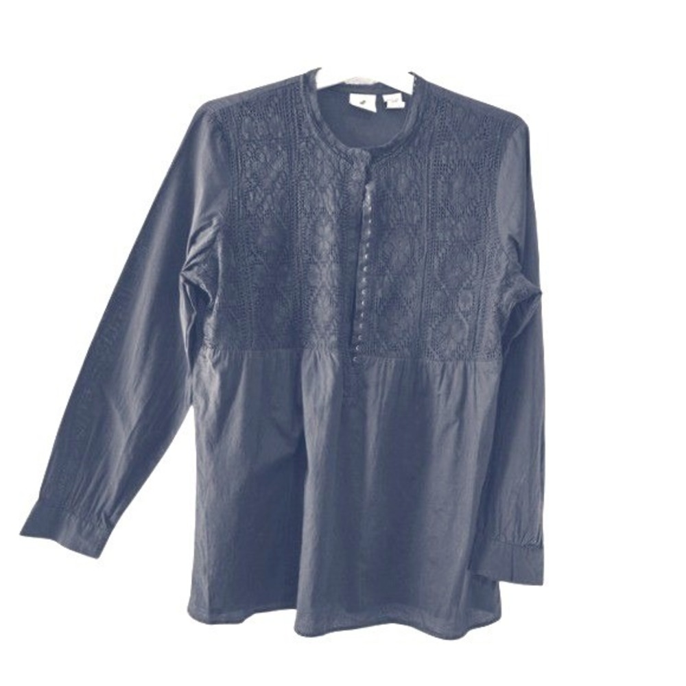 Caribbean Joe Blouse‎ Top Women L Blue Lace Crochet Boho Peasant Hook Front...